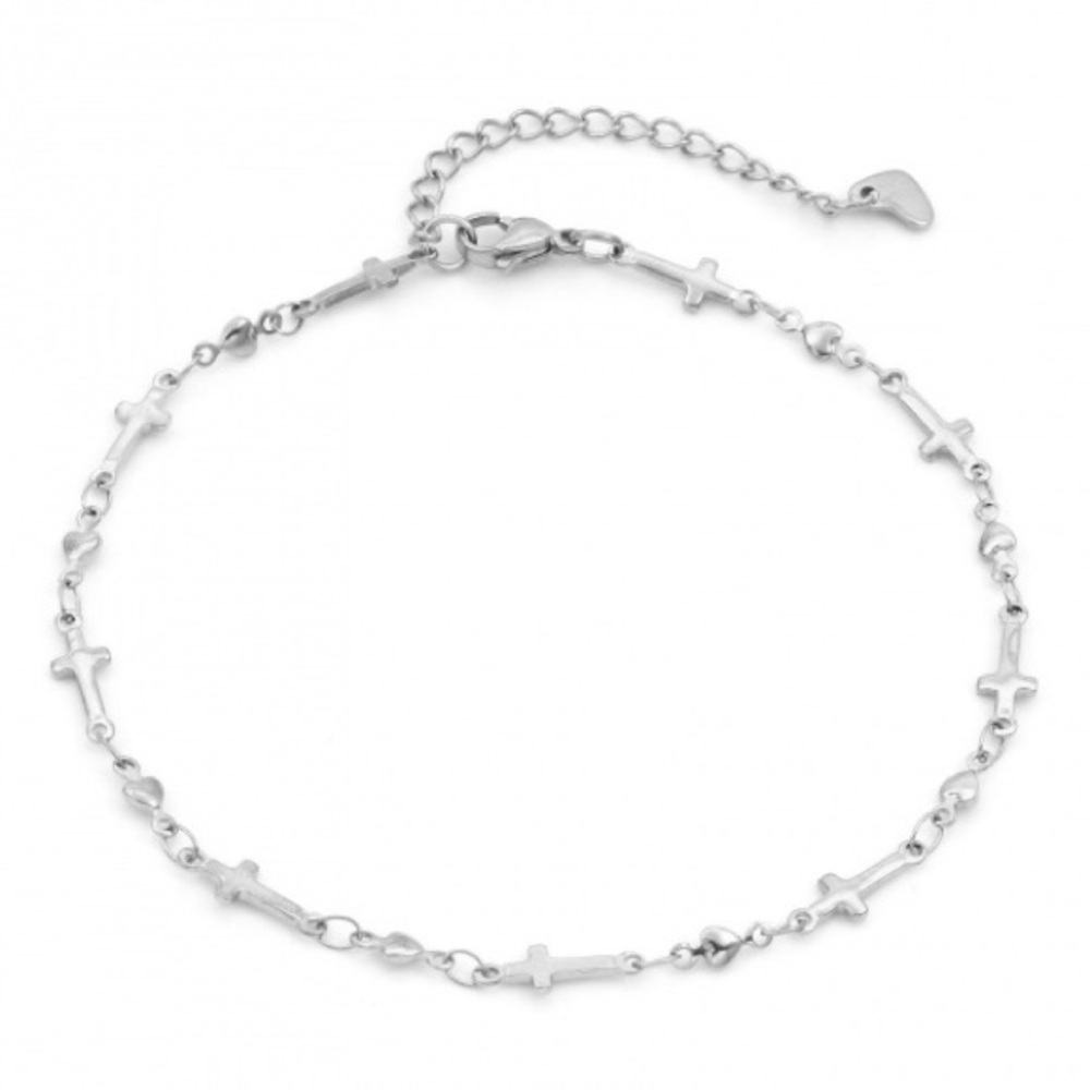 Stainless Steel Cross and Hearts Charm Ankle Bracelet
